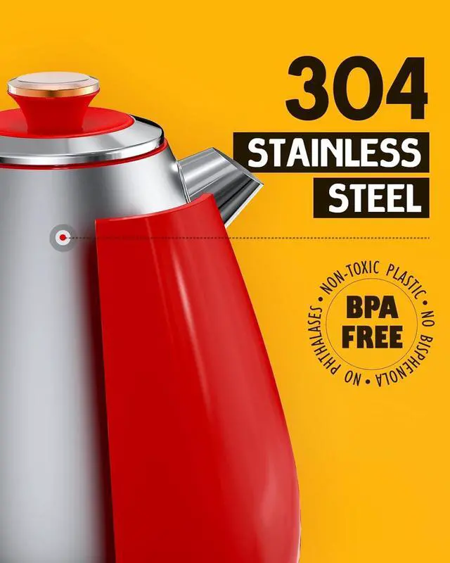Alt view image 6 of 7 - Hazel Quinn Retro Electric Kettle - 1.7 Liters / 57.5 Ounces Tea Kettle with Thermometer, All Stainless Steel, Fast Boiling 1200 W, BPA-free, Cordless, Rotational Base, Automatic Shut Off - Ruby Red