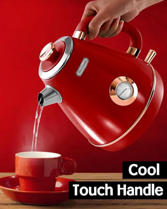 Alt view image 7 of 7 - Hazel Quinn Retro Electric Kettle - 1.7 Liters / 57.5 Ounces Tea Kettle with Thermometer, All Stainless Steel, Fast Boiling 1200 W, BPA-free, Cordless, Rotational Base, Automatic Shut Off - Ruby Red