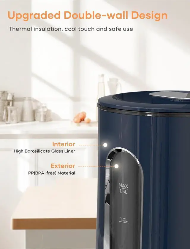 Alt view image 2 of 6 - Offacy Electric Kettle, Tea Kettle Pot, Double Wall Glass Inner 1.5L/1200W, Hot Water Kettle Teapot Boiler & Heater with Automatic Shut Off, BPA-Free & LED Indicator Lights (Navy Blue)