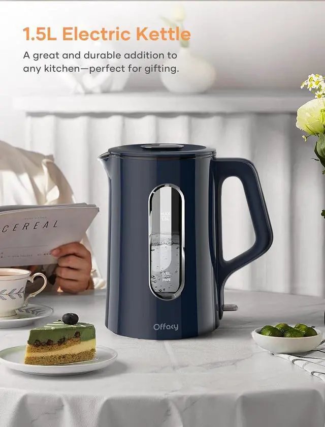 Alt view image 3 of 6 - Offacy Electric Kettle, Tea Kettle Pot, Double Wall Glass Inner 1.5L/1200W, Hot Water Kettle Teapot Boiler & Heater with Automatic Shut Off, BPA-Free & LED Indicator Lights (Navy Blue)