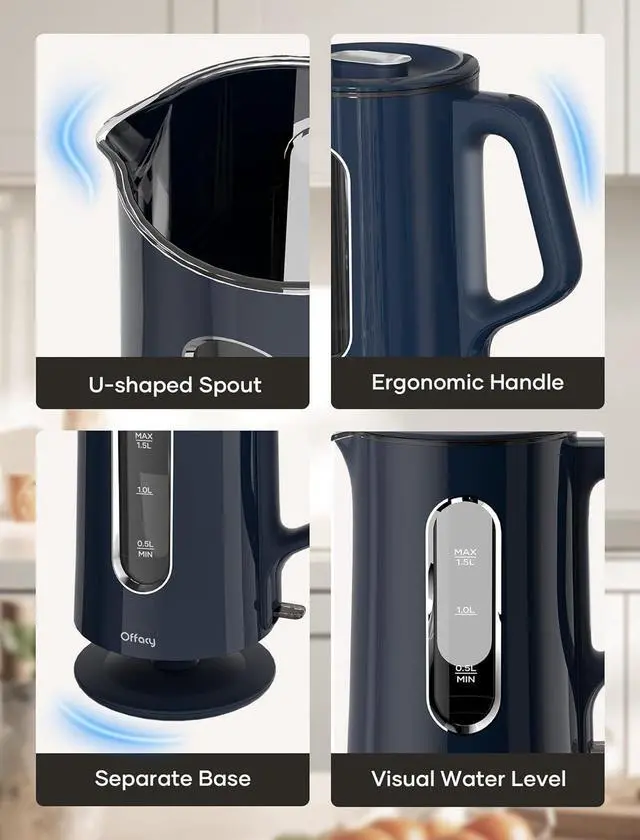 Alt view image 4 of 6 - Offacy Electric Kettle, Tea Kettle Pot, Double Wall Glass Inner 1.5L/1200W, Hot Water Kettle Teapot Boiler & Heater with Automatic Shut Off, BPA-Free & LED Indicator Lights (Navy Blue)