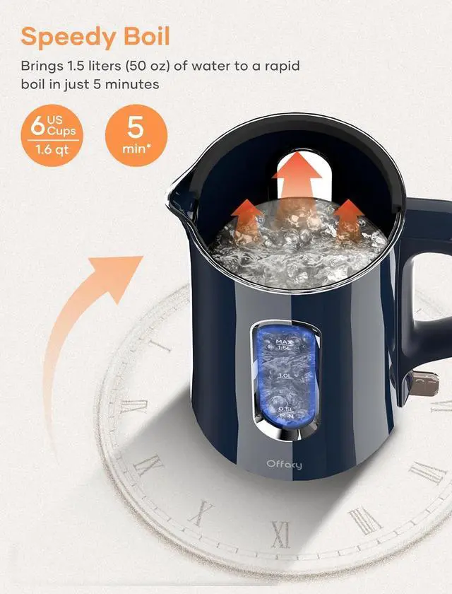 Alt view image 5 of 6 - Offacy Electric Kettle, Tea Kettle Pot, Double Wall Glass Inner 1.5L/1200W, Hot Water Kettle Teapot Boiler & Heater with Automatic Shut Off, BPA-Free & LED Indicator Lights (Navy Blue)
