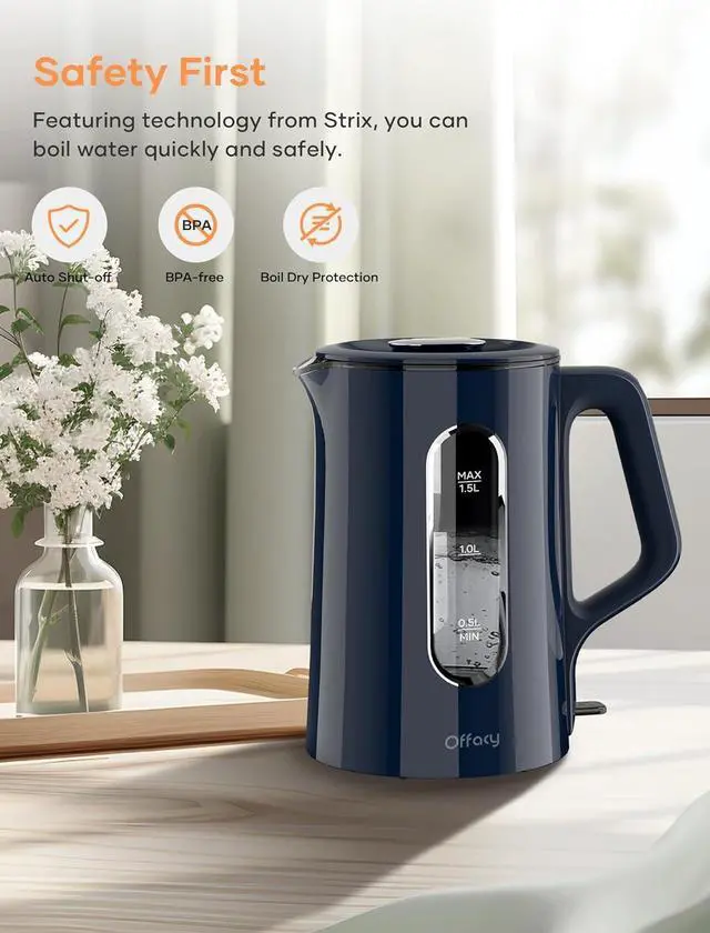 Alt view image 6 of 6 - Offacy Electric Kettle, Tea Kettle Pot, Double Wall Glass Inner 1.5L/1200W, Hot Water Kettle Teapot Boiler & Heater with Automatic Shut Off, BPA-Free & LED Indicator Lights (Navy Blue)