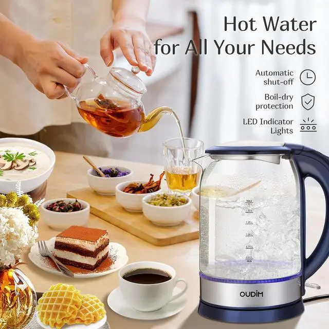 Alt view image 2 of 7 - 1500W Rapid Boiling Electric Water Kettle, 1.7L Water Boiler, Borosilicate Glass, Food Grade Stainless Steel, Overheat protection