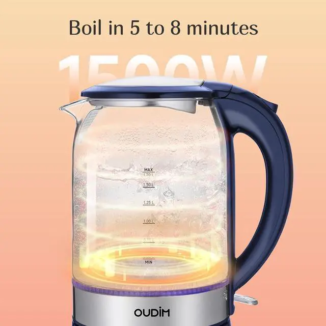 Alt view image 5 of 7 - 1500W Rapid Boiling Electric Water Kettle, 1.7L Water Boiler, Borosilicate Glass, Food Grade Stainless Steel, Overheat protection