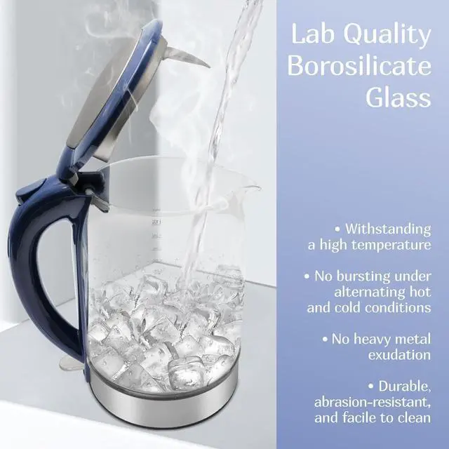 Alt view image 4 of 7 - 1500W Rapid Boiling Electric Water Kettle, 1.7L Water Boiler, Borosilicate Glass, Food Grade Stainless Steel, Overheat protection