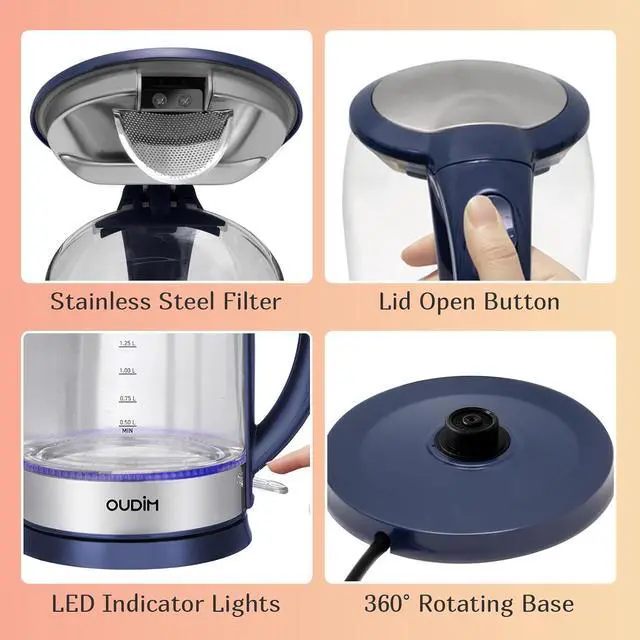 Alt view image 7 of 7 - 1500W Rapid Boiling Electric Water Kettle, 1.7L Water Boiler, Borosilicate Glass, Food Grade Stainless Steel, Overheat protection