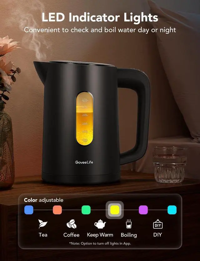 Alt view image 6 of 7 - GoveeLife Smart Kettle Temperature Control 1.7L, 1500w WiFi Tea Kettle Electric with LED Indicator Lights, Remotely Control, 2H Keep Warm, 4 Presets Hot Water Boiler for Tea & Coffee & DIY
