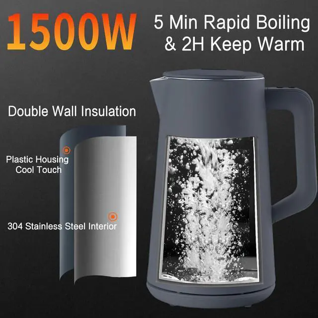 Alt view image 4 of 7 - 1.5L Electric Kettle Stainless Steel, Double Wall Cool Touch Teapot, Fast Boil,5 Temperature Control, LED Display, Auto Shut-Off, BPA-Free,Keep Warm Function, Ideal for Tea & Coffee,Gray