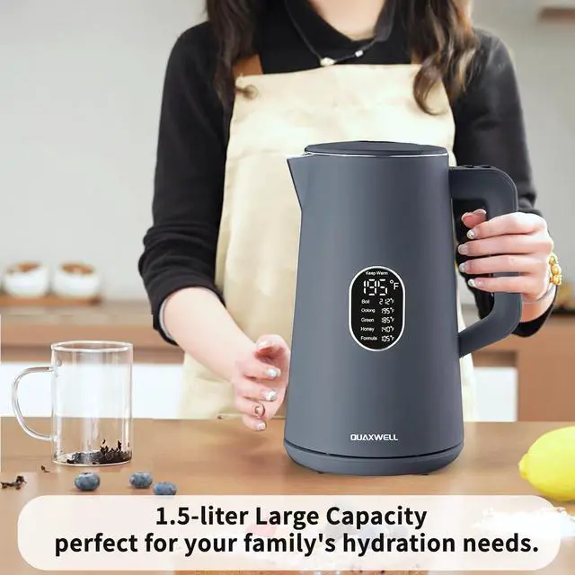 Alt view image 2 of 7 - 1.5L Electric Kettle Stainless Steel, Double Wall Cool Touch Teapot, Fast Boil,5 Temperature Control, LED Display, Auto Shut-Off, BPA-Free,Keep Warm Function, Ideal for Tea & Coffee,Gray