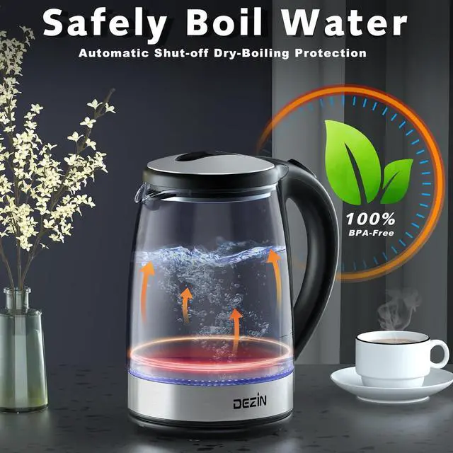 Alt view image 2 of 7 - Dezin Electric Kettle, BPA-Free 2L Electric Water Heater, Glass Electric Tea Kettle, 304 Stainless Steel Hot Water Kettle Warmer with Fast Boil, Auto Shut-Off & Boil Dry Protection, for Coffee, Tea