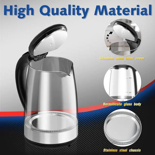 Alt view image 4 of 7 - Dezin Electric Kettle, BPA-Free 2L Electric Water Heater, Glass Electric Tea Kettle, 304 Stainless Steel Hot Water Kettle Warmer with Fast Boil, Auto Shut-Off & Boil Dry Protection, for Coffee, Tea