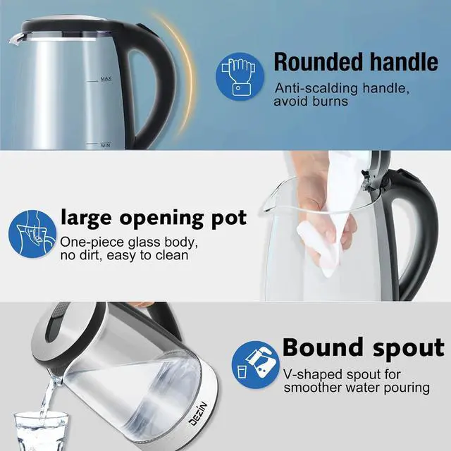 Alt view image 7 of 7 - Dezin Electric Kettle, BPA-Free 2L Electric Water Heater, Glass Electric Tea Kettle, 304 Stainless Steel Hot Water Kettle Warmer with Fast Boil, Auto Shut-Off & Boil Dry Protection, for Coffee, Tea