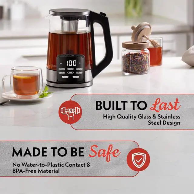 Alt view image 2 of 7 - Gourmia Electric Programmable Glass Kettle  1.7L Temperature Control Tea & Coffee Kettle with Digital Touch Display, 6 Presets, Keep Warm, Removable Stainless Steel Infuser, 360° Swivel Base  Red