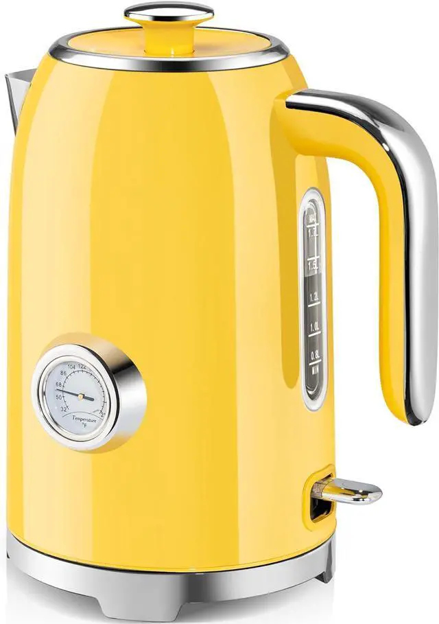 Main image of SUSTEAS Electric Kettle - 57oz Hot Tea Kettle Water Boiler with Thermometer, 1500W Fast Heating Stainless Steel Tea Pot, Cordless with LED Indicator, Auto Shut-Off & Boil Dry Protection, Retro Yellow