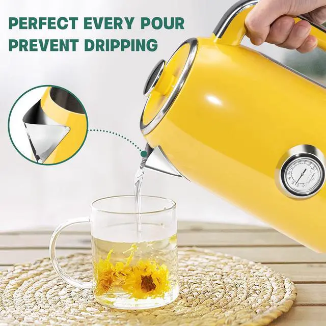 Alt view image 3 of 6 - SUSTEAS Electric Kettle - 57oz Hot Tea Kettle Water Boiler with Thermometer, 1500W Fast Heating Stainless Steel Tea Pot, Cordless with LED Indicator, Auto Shut-Off & Boil Dry Protection, Retro Yellow