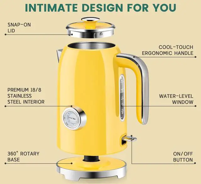 Alt view image 2 of 6 - SUSTEAS Electric Kettle - 57oz Hot Tea Kettle Water Boiler with Thermometer, 1500W Fast Heating Stainless Steel Tea Pot, Cordless with LED Indicator, Auto Shut-Off & Boil Dry Protection, Retro Yellow