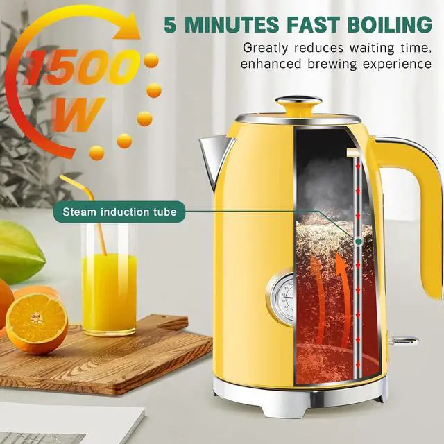 Alt view image 4 of 6 - SUSTEAS Electric Kettle - 57oz Hot Tea Kettle Water Boiler with Thermometer, 1500W Fast Heating Stainless Steel Tea Pot, Cordless with LED Indicator, Auto Shut-Off & Boil Dry Protection, Retro Yellow