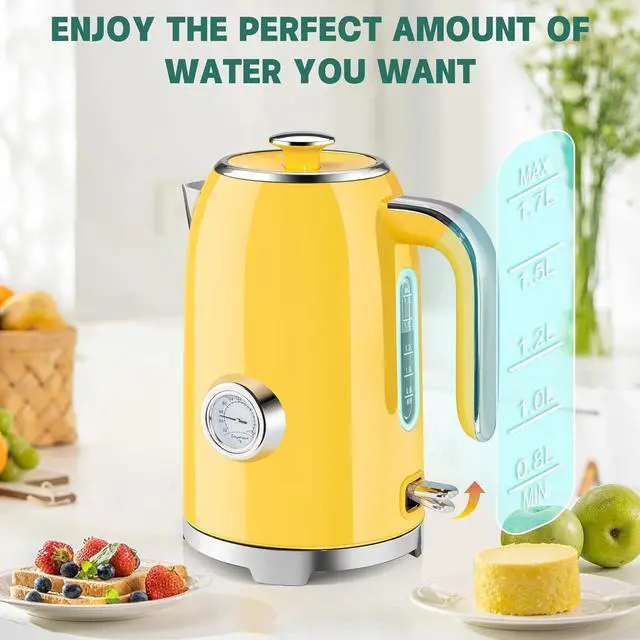 Alt view image 5 of 6 - SUSTEAS Electric Kettle - 57oz Hot Tea Kettle Water Boiler with Thermometer, 1500W Fast Heating Stainless Steel Tea Pot, Cordless with LED Indicator, Auto Shut-Off & Boil Dry Protection, Retro Yellow