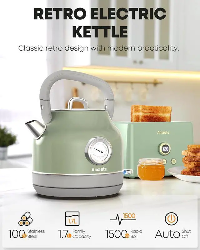 Alt view image 2 of 7 - Amaste Electric Kettle, Retro Electric Tea Kettle with Thermometer, 57 Oz Hot Water Kettle for Coffee & Tea, 304 Stainless Steel, 1500W Fast Boiling, Auto Shut-Off & Boil Dry Protection, Matcha Green