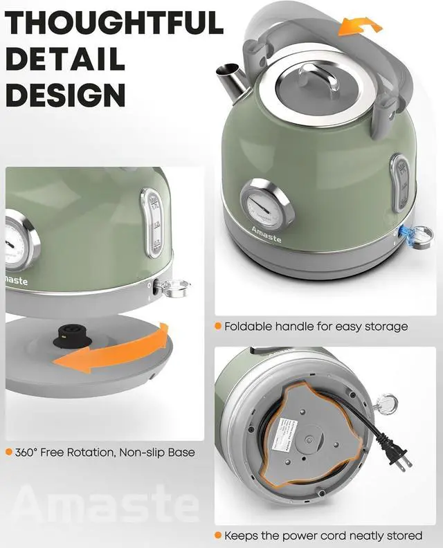 Alt view image 7 of 7 - Amaste Electric Kettle, Retro Electric Tea Kettle with Thermometer, 57 Oz Hot Water Kettle for Coffee & Tea, 304 Stainless Steel, 1500W Fast Boiling, Auto Shut-Off & Boil Dry Protection, Matcha Green
