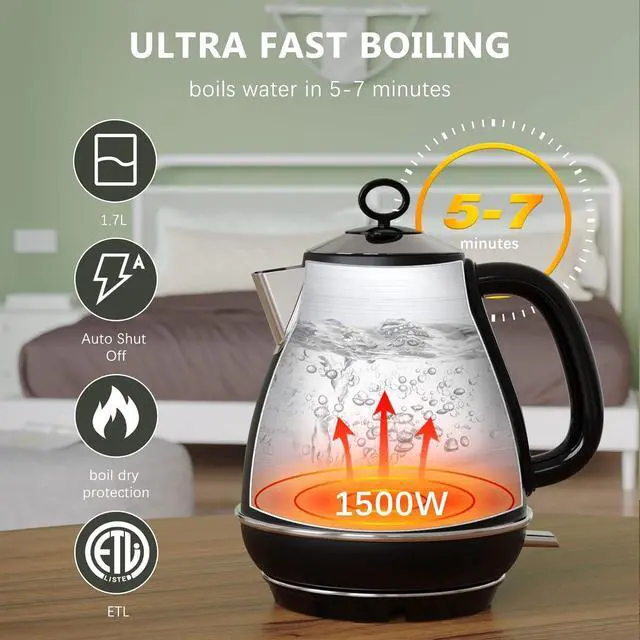 Alt view image 2 of 7 - 1.7L Electric Kettles, BPA Free Tea Kettle, Hot Water Boiler Heater, Stainless Steel Teapot, Auto Shut-Off & Boil-Dry Protection, 120V/1500W (Black)