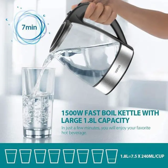 Alt view image 4 of 5 - AZEUS Fast Boil Electric Water Kettle, 1.8L Large Capacity with Auto Shut-Off and Boil-Dry Protection, BPA-Free Borosilicate Glass &Stainless Steel