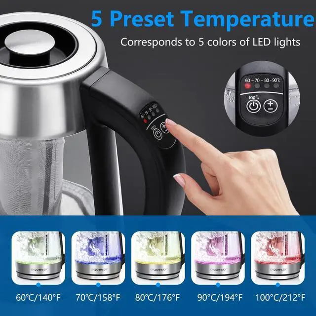 Alt view image 2 of 7 - Aigostar Electric Kettle, Tea Kettle with Temperature Control and Tea Infuser, 1500W Hot Water Kettle with Variable Temperature, Keep Warm Function, LED Indicator Light Change, Auto Shut-Off, 1.7L
