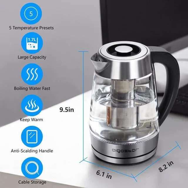Alt view image 4 of 7 - Aigostar Electric Kettle, Tea Kettle with Temperature Control and Tea Infuser, 1500W Hot Water Kettle with Variable Temperature, Keep Warm Function, LED Indicator Light Change, Auto Shut-Off, 1.7L