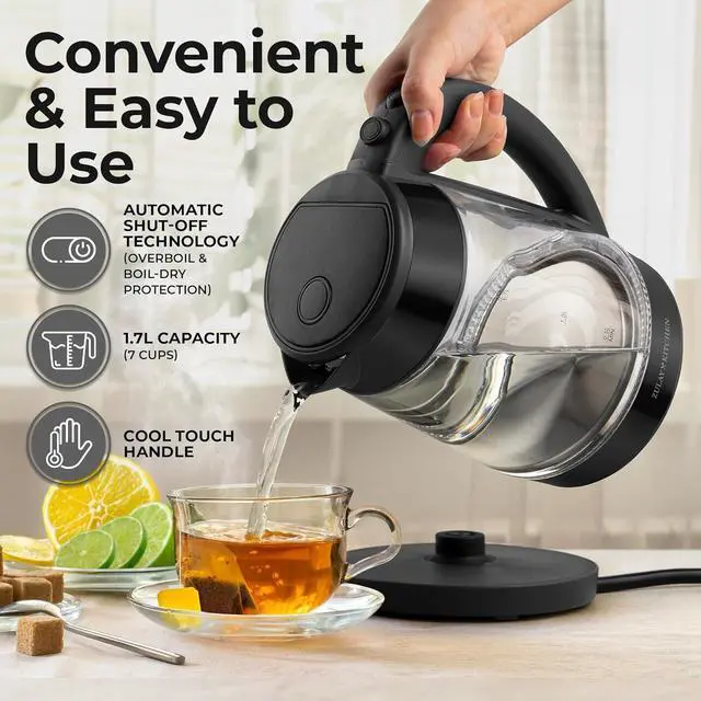 Alt view image 2 of 5 - Zulay Kitchen Fast Boiling Electric Water Kettle - 1.7L, 1500W, Auto Shut-Off for Overboil & Boil Dry Protection, Cool-Touch Handle, 360° Base - Rapid Teapot Boiler For Coffee & Tea - Black Metallic