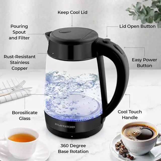 Alt view image 5 of 5 - Zulay Kitchen Fast Boiling Electric Water Kettle - 1.7L, 1500W, Auto Shut-Off for Overboil & Boil Dry Protection, Cool-Touch Handle, 360° Base - Rapid Teapot Boiler For Coffee & Tea - Black Metallic