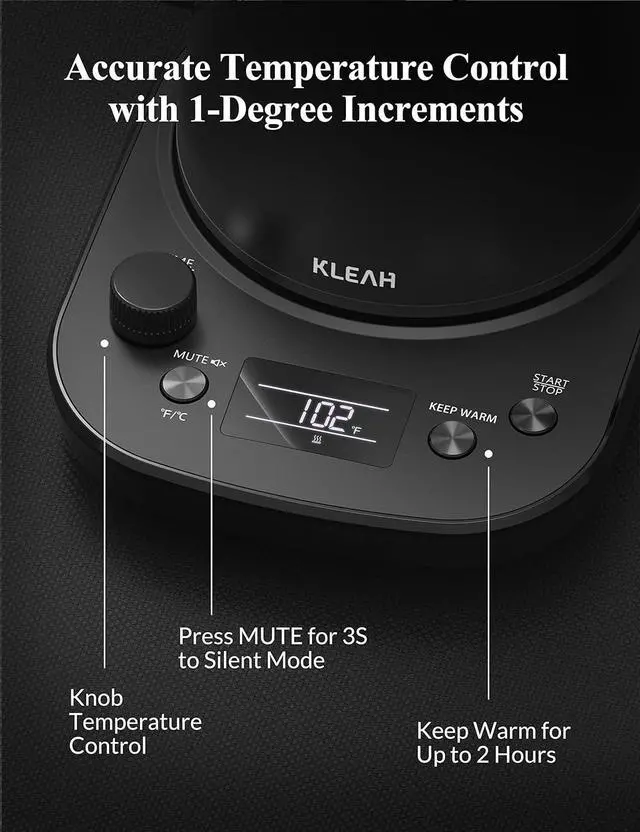 Alt view image 2 of 7 - KLEAH Gooseneck Electric Kettle with Temperature Control - 0.8L Automatic Shut Off Tea & Coffee Kettle, Hot Water Boiler Pour Over Coffee Kettle, 1200W Quick Heating Keep Warm, Black