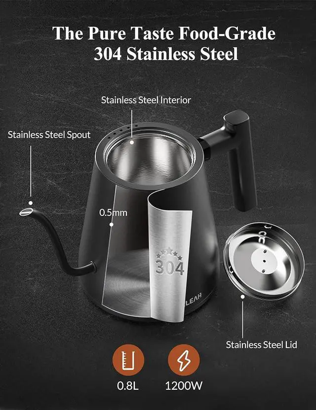 Alt view image 4 of 7 - KLEAH Gooseneck Electric Kettle with Temperature Control - 0.8L Automatic Shut Off Tea & Coffee Kettle, Hot Water Boiler Pour Over Coffee Kettle, 1200W Quick Heating Keep Warm, Black