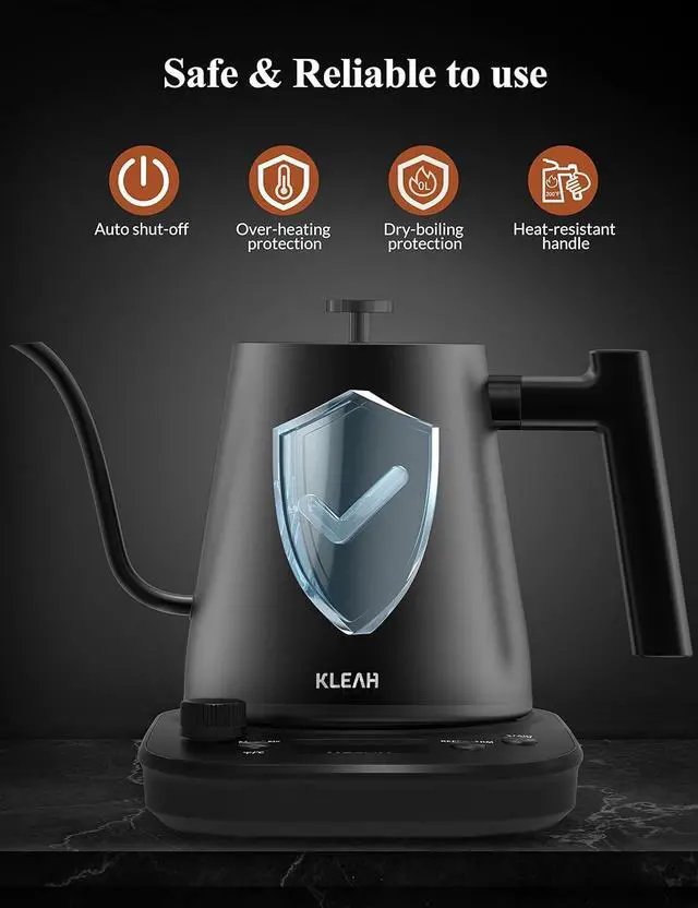 Alt view image 5 of 7 - KLEAH Gooseneck Electric Kettle with Temperature Control - 0.8L Automatic Shut Off Tea & Coffee Kettle, Hot Water Boiler Pour Over Coffee Kettle, 1200W Quick Heating Keep Warm, Black