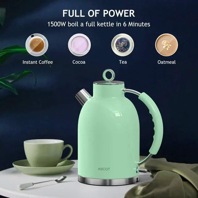 Alt view image 5 of 7 - ASCOT Electric Kettle, Stainless Steel Electric Tea Kettle Gifts for Men/Women/Family 1.5L 1500W Retro Tea Heater & Hot Water Boiler, Auto Shut-Off and Boil-Dry Protection (Green)