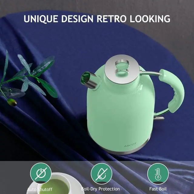 Alt view image 6 of 7 - ASCOT Electric Kettle, Stainless Steel Electric Tea Kettle Gifts for Men/Women/Family 1.5L 1500W Retro Tea Heater & Hot Water Boiler, Auto Shut-Off and Boil-Dry Protection (Green)