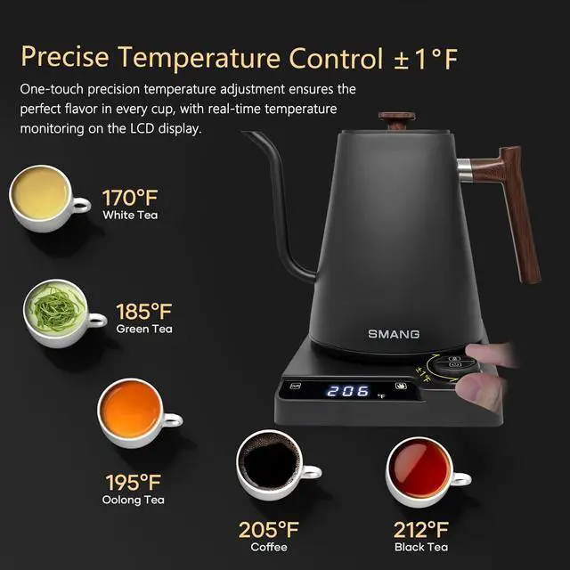 Alt view image 4 of 7 - Electric Kettles, Gooseneck Electric Kettle, ±1 Temperature Control, for Pour Over Coffee and Tea, 304 Stainless Steel Inner, BPA-Free, Quick Heating Electric Kettles for Boiling Water, 1L Black