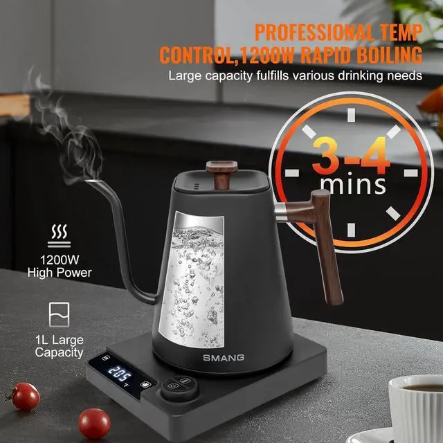 Alt view image 3 of 7 - Electric Kettles, Gooseneck Electric Kettle, ±1 Temperature Control, for Pour Over Coffee and Tea, 304 Stainless Steel Inner, BPA-Free, Quick Heating Electric Kettles for Boiling Water, 1L Black