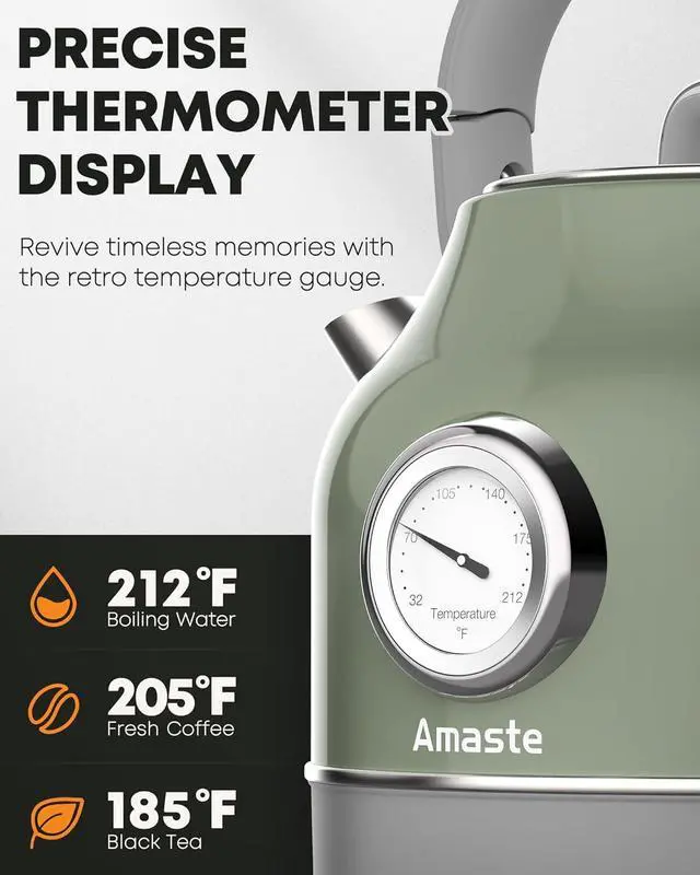 Alt view image 3 of 7 - Amaste Electric Kettle, Retro Electric Tea Kettle with Thermometer, 57 Oz Hot Water Kettle for Coffee & Tea, 304 Stainless Steel, 1500W Fast Boiling, Auto Shut-Off & Boil Dry Protection, Matcha Green