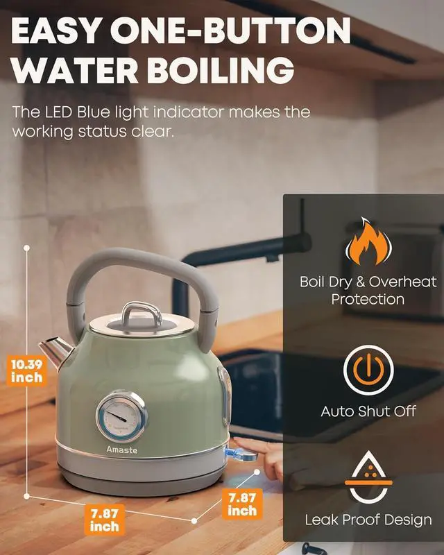 Alt view image 5 of 7 - Amaste Electric Kettle, Retro Electric Tea Kettle with Thermometer, 57 Oz Hot Water Kettle for Coffee & Tea, 304 Stainless Steel, 1500W Fast Boiling, Auto Shut-Off & Boil Dry Protection, Matcha Green