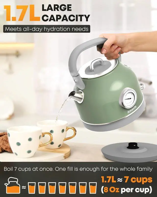 Alt view image 6 of 7 - Amaste Electric Kettle, Retro Electric Tea Kettle with Thermometer, 57 Oz Hot Water Kettle for Coffee & Tea, 304 Stainless Steel, 1500W Fast Boiling, Auto Shut-Off & Boil Dry Protection, Matcha Green