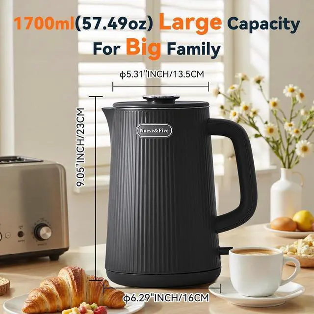 Alt view image 2 of 7 - Nueve&Five 1.7L (57oz) Large Electric Kettle Perfect for 7+Cups of Tea and Coffee,2 quarts Double Wall Big Electric Tea Kettle,Auto Shut Off,1200W Hot Water Kettle Electric-Black
