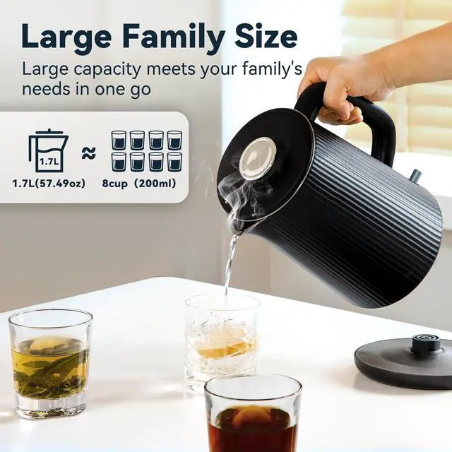 Alt view image 3 of 7 - Nueve&Five 1.7L (57oz) Large Electric Kettle Perfect for 7+Cups of Tea and Coffee,2 quarts Double Wall Big Electric Tea Kettle,Auto Shut Off,1200W Hot Water Kettle Electric-Black