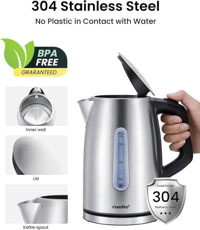 Alt view image 4 of 6 - COMFEE' Stainless Steel Electric Kettle, Temperature Control with 6 Presets, 1-Hr Keep Warm, Kettle Water Boiler 1.7 Litres, 1500W with Viewing Window, Auto-Off and Boil-Dry Protection
