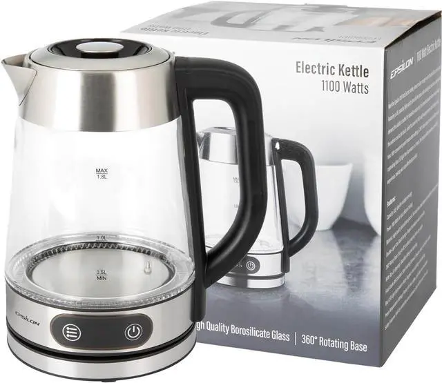 Main image of Epsilon 1.8L Glass Electric Kettle  Hot Water Tea Kettle with Borosilicate Glass & Stainless Steel, Auto Shut-Off, Fast Boil 1500W Electric Teapot, BPA-Free, Cool Touch Base