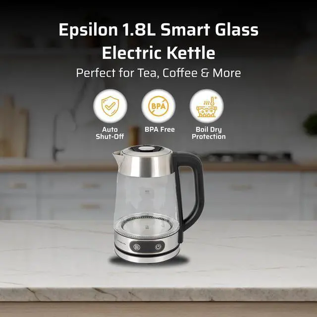 Alt view image 2 of 6 - Epsilon 1.8L Glass Electric Kettle  Hot Water Tea Kettle with Borosilicate Glass & Stainless Steel, Auto Shut-Off, Fast Boil 1500W Electric Teapot, BPA-Free, Cool Touch Base