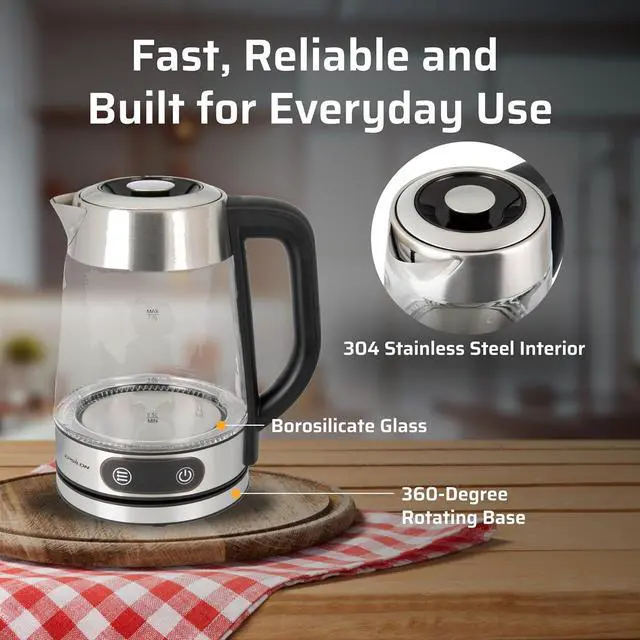 Alt view image 3 of 6 - Epsilon 1.8L Glass Electric Kettle  Hot Water Tea Kettle with Borosilicate Glass & Stainless Steel, Auto Shut-Off, Fast Boil 1500W Electric Teapot, BPA-Free, Cool Touch Base