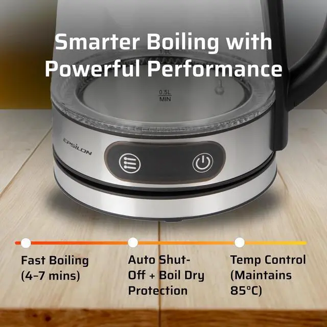Alt view image 4 of 6 - Epsilon 1.8L Glass Electric Kettle  Hot Water Tea Kettle with Borosilicate Glass & Stainless Steel, Auto Shut-Off, Fast Boil 1500W Electric Teapot, BPA-Free, Cool Touch Base
