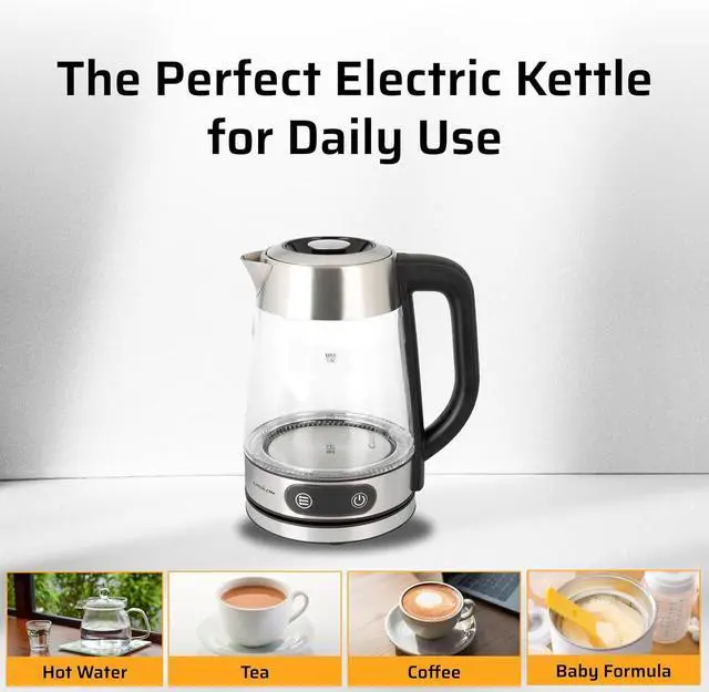 Alt view image 5 of 6 - Epsilon 1.8L Glass Electric Kettle  Hot Water Tea Kettle with Borosilicate Glass & Stainless Steel, Auto Shut-Off, Fast Boil 1500W Electric Teapot, BPA-Free, Cool Touch Base