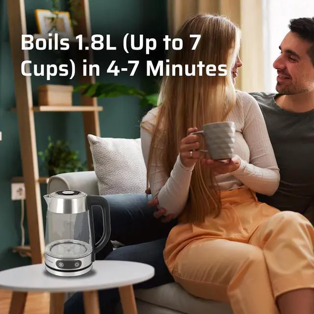 Alt view image 6 of 6 - Epsilon 1.8L Glass Electric Kettle  Hot Water Tea Kettle with Borosilicate Glass & Stainless Steel, Auto Shut-Off, Fast Boil 1500W Electric Teapot, BPA-Free, Cool Touch Base